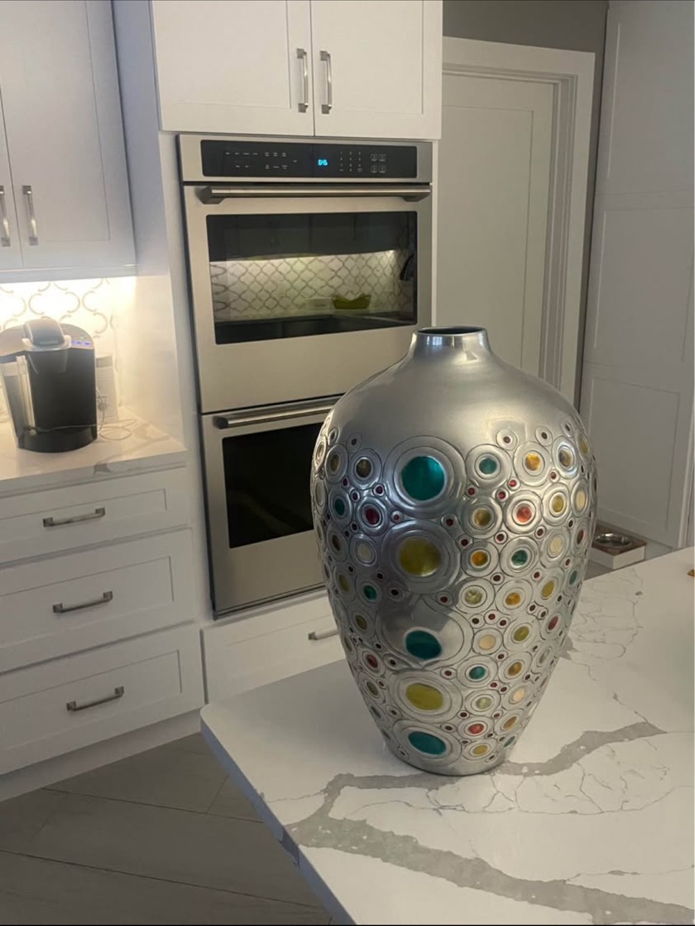 Silver Decorative Vase with Multicolor Inset Accents